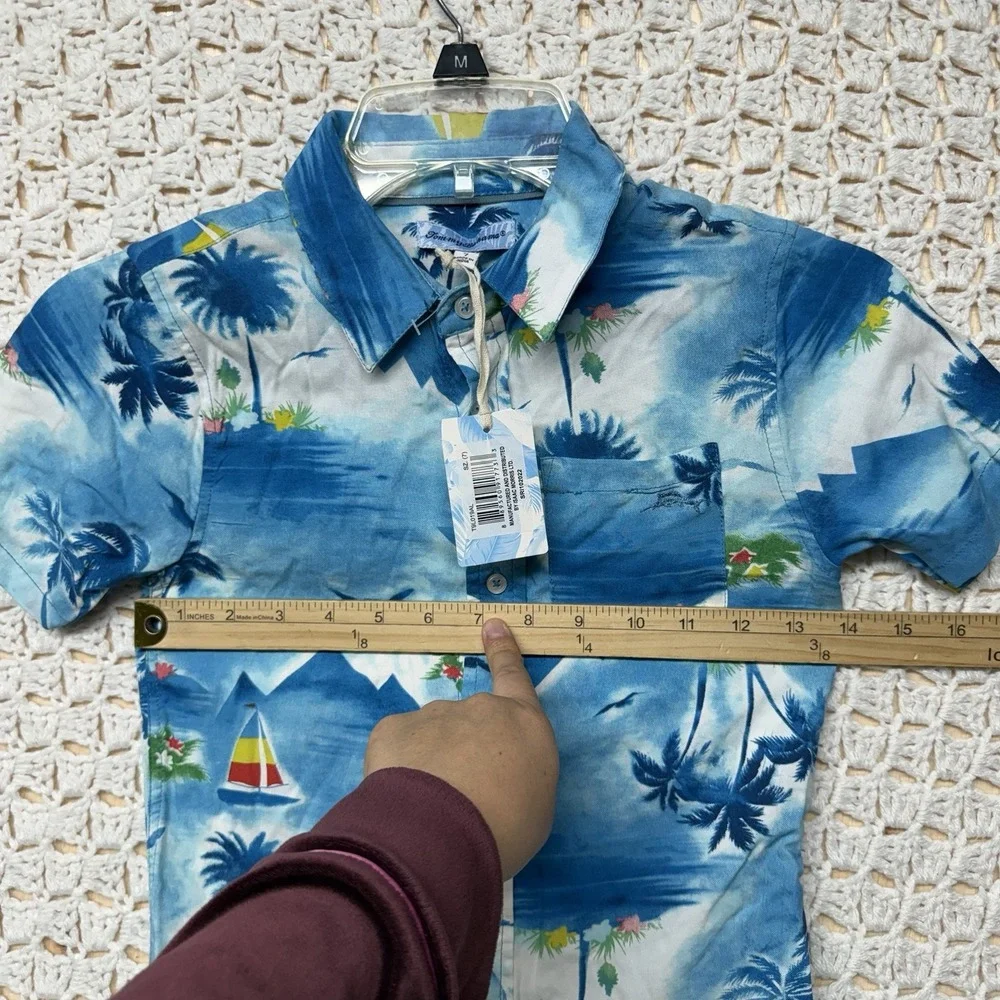 NWT Tommy Bahama shirt Boys Sz 7 Blue Button Up Tropical Floral short Sleeve